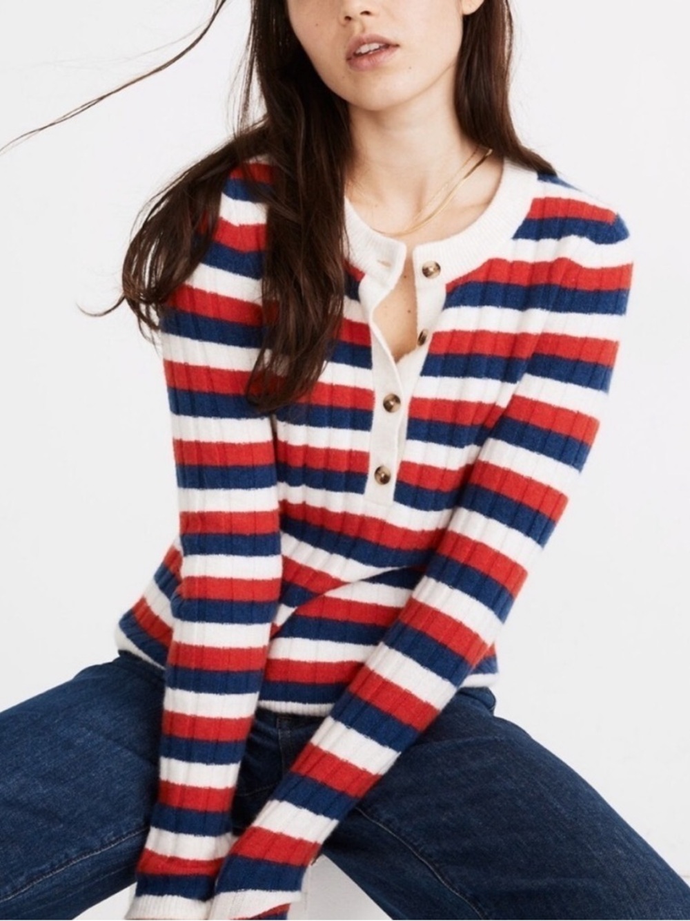 Striped Ribbed Henley Sweater - Red, Navy & White
